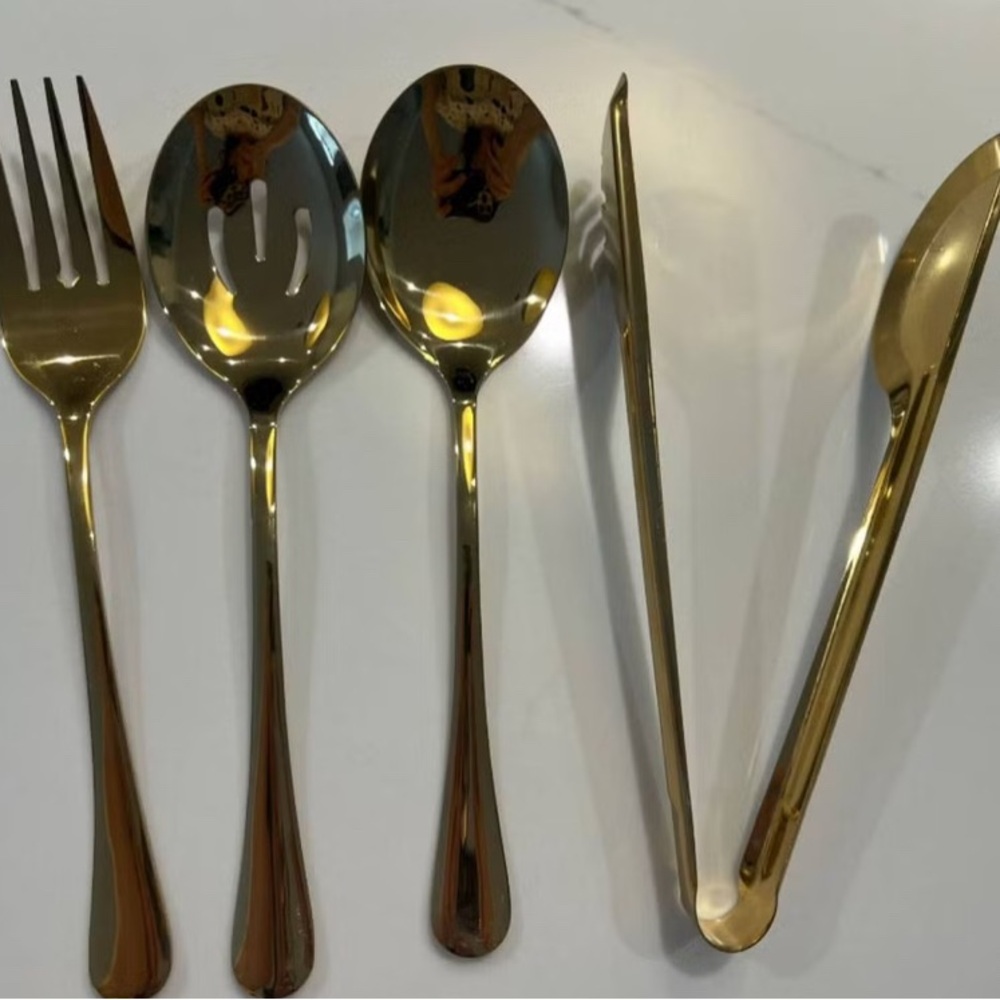 Gold Serving Utensils Set, 5 Pieces, Metal Gold-Tone Finish